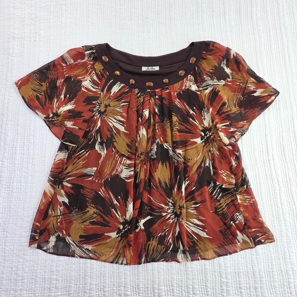 Le Bos Brown Floral Chiffon Blouse Beaded Neck Flutter Sleeve EUC Womens Top L